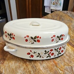 Vintage SHEFFIELD Strawberries N Cream Enamelware Roasting Pan w/ Lid